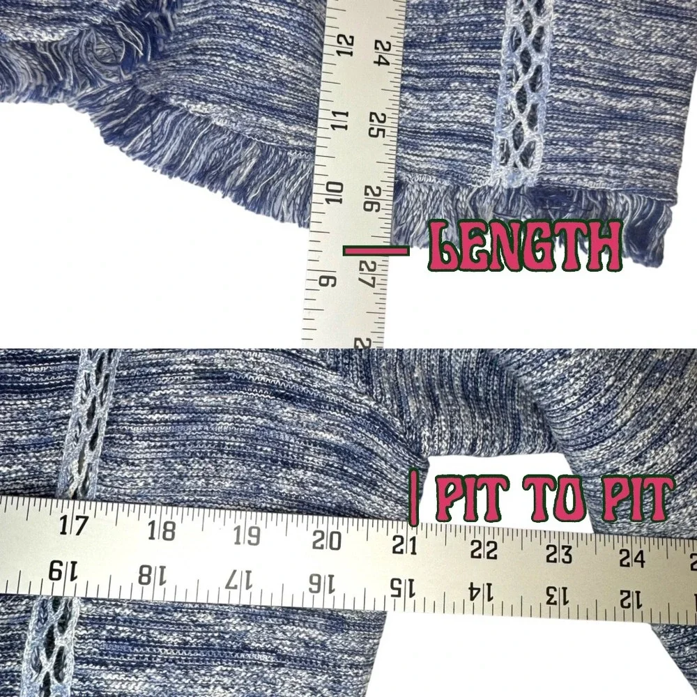 Chico's Knit Cardigan 2 Large Blue Fringe Crochet Trim Cotton Linen Coastal Chic